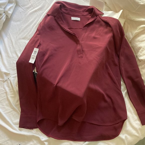 Babaton Professor Blouse Matte Satin Pop-over Polo Blouse - Burgundy - New w/Tag - Picture 7 of 7